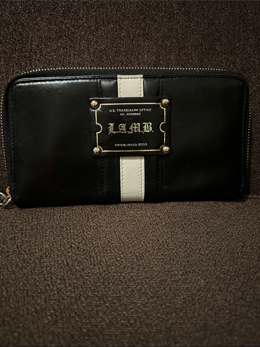 Y2K L.A.M.B. Black Leather Zip Around Wallet with White Center Stripe.